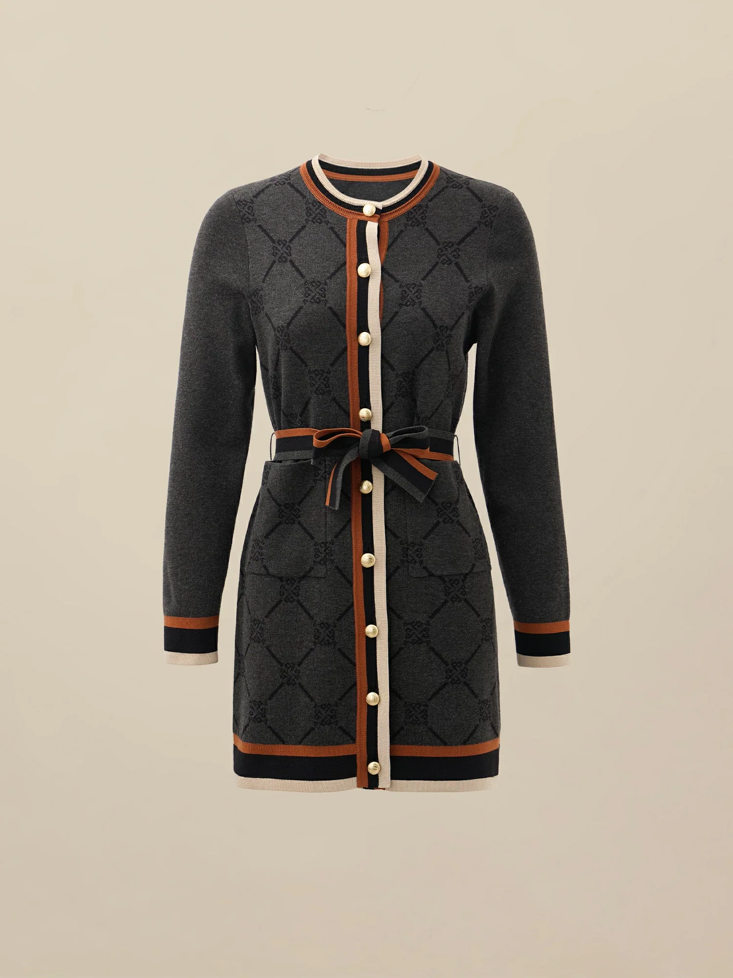 Lyocell Long Sleeve Contrast Logo Pattern Knitted Dress