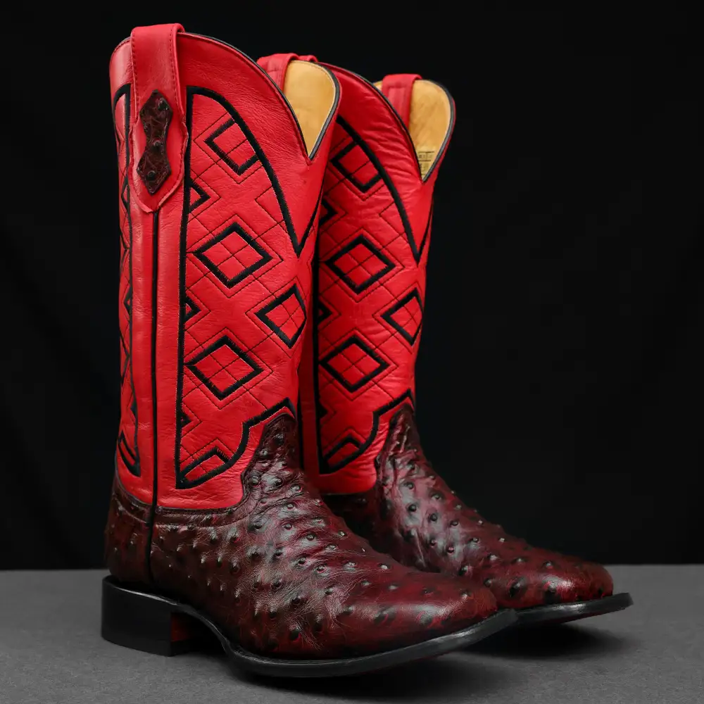 Black Cherry Ostrich Leather Boots - Square Toe