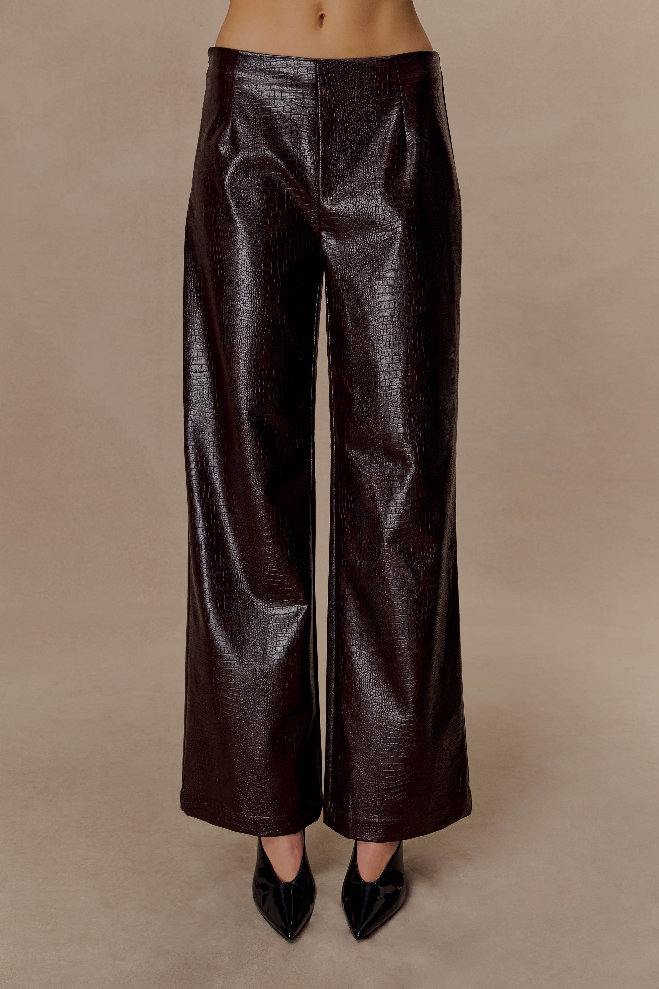 Chocolate Croc Faux Leather Straight Leg Pants