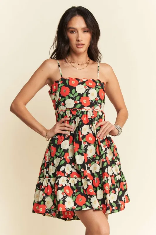 Floral Scalloped Cutout Back Mini Dress