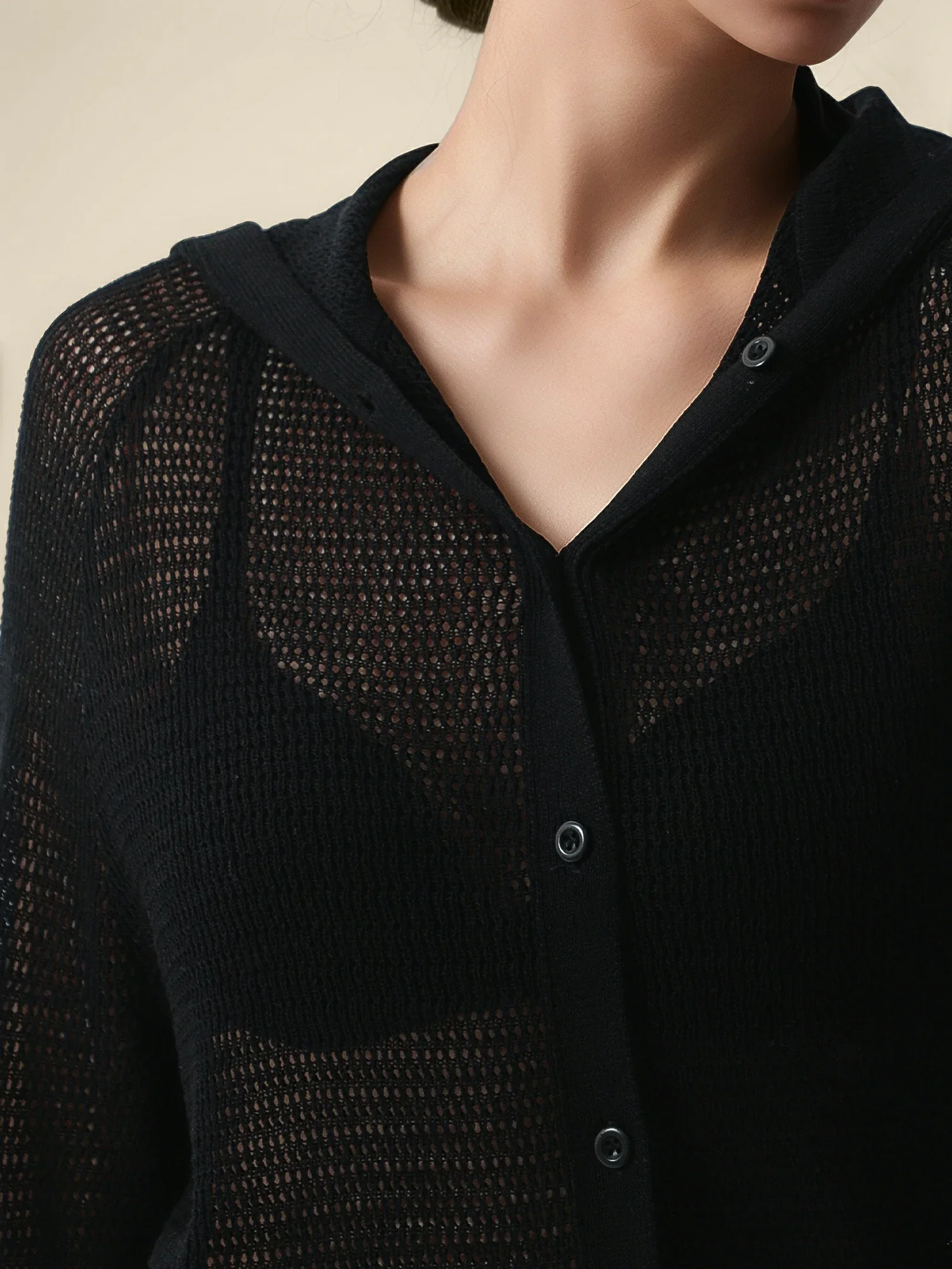 Linen & Lyocell Hooded Long Sleeve Hollow Cardigan