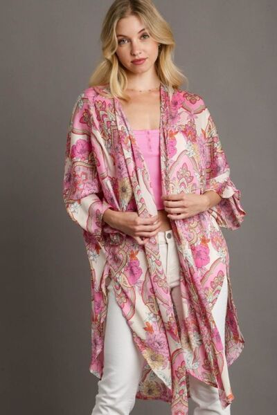 Elegant Mixed Print Open Front Kimono with Ruffle Sleeves