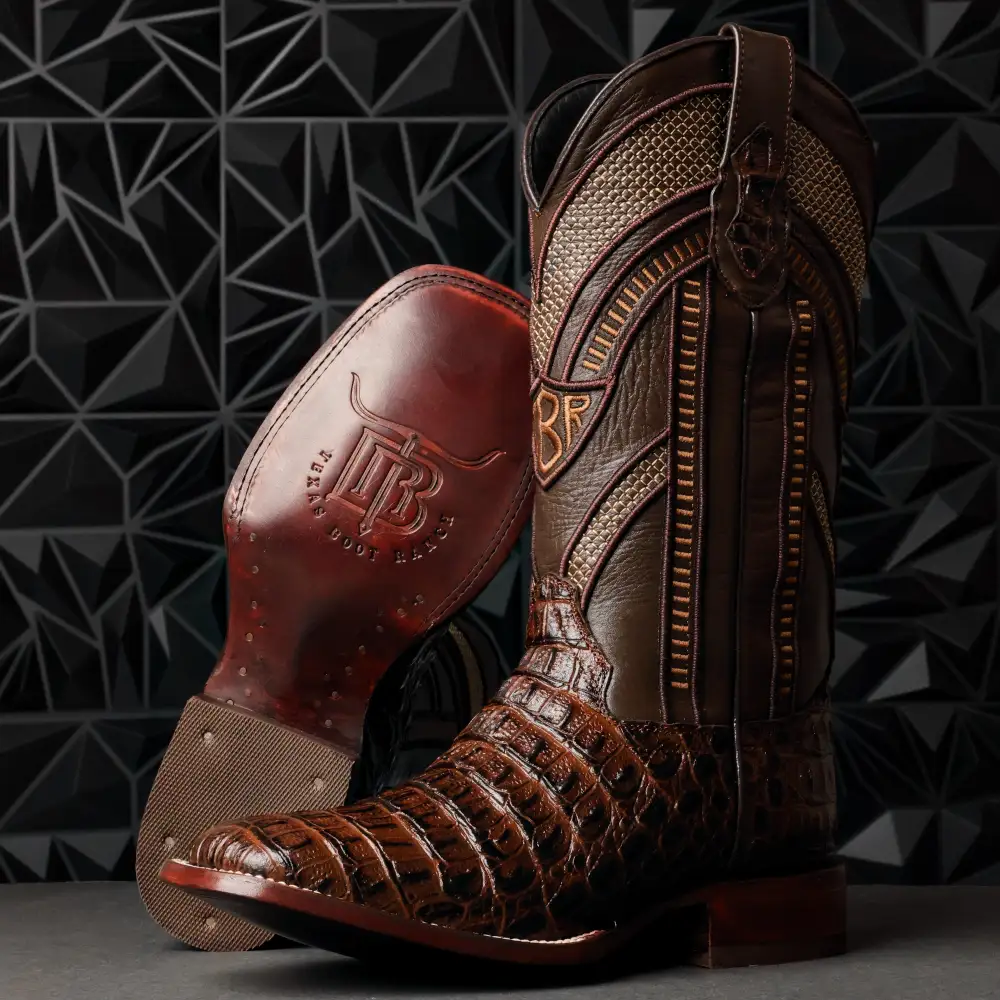 Brown Caiman Hornback Leather Boots - Square Toe