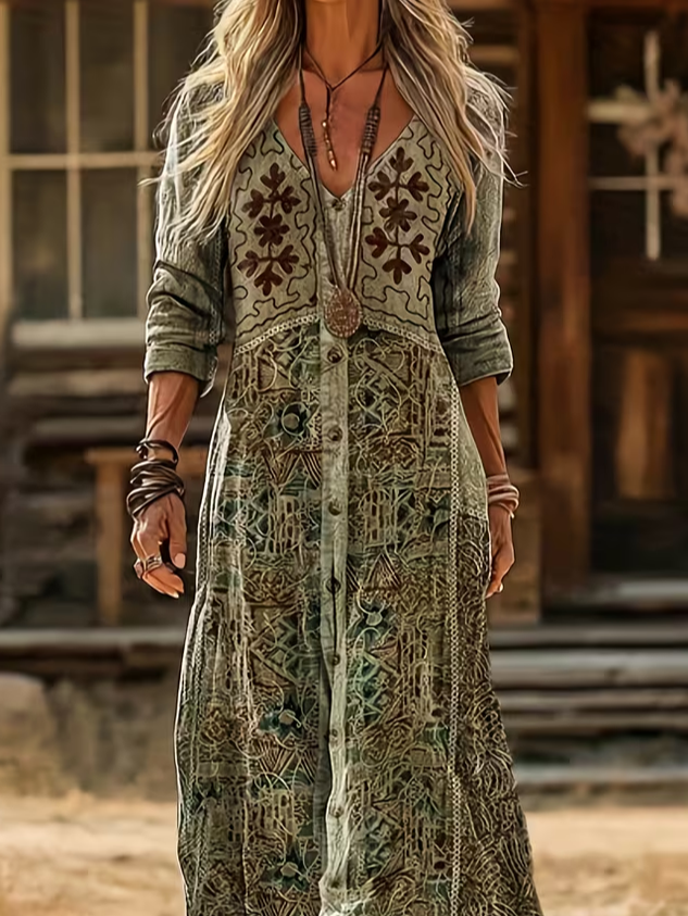 Women's Long Sleeve Spring/Fall As Picture Abstract Printing V Neck Daily Going Out Vintage Maxi H-Line Dress