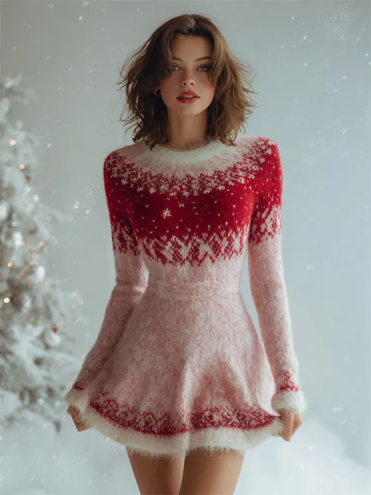 Vintage Christmas Snowflakes Yoke Contrast Cozy Sweater Dress
