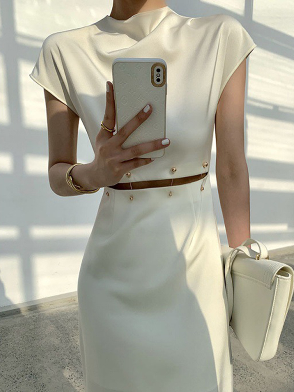 Detachable Hollow Split-Joint A-Line High Waisted Mock Neck Midi Dresses
