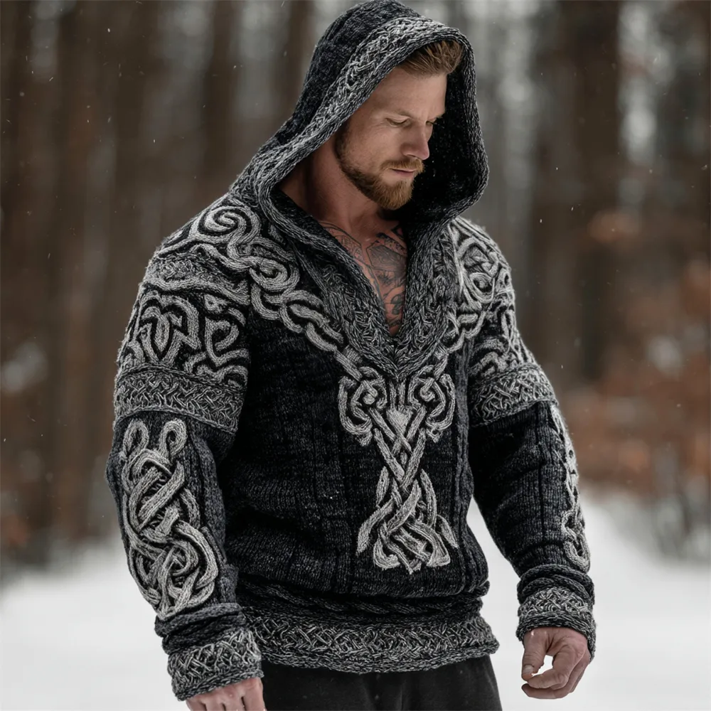 Viking Tree & Celtic Knot Men's Hooded Knit Sweater