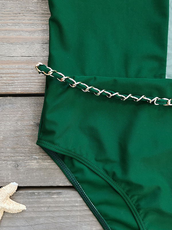 Padded Chains Contrast Color Split-Joint Round-Neck One-Piece Swimwear