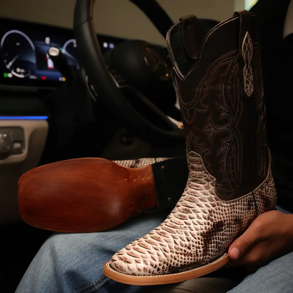 Natural Brown Python Leather Boots — Square Toe