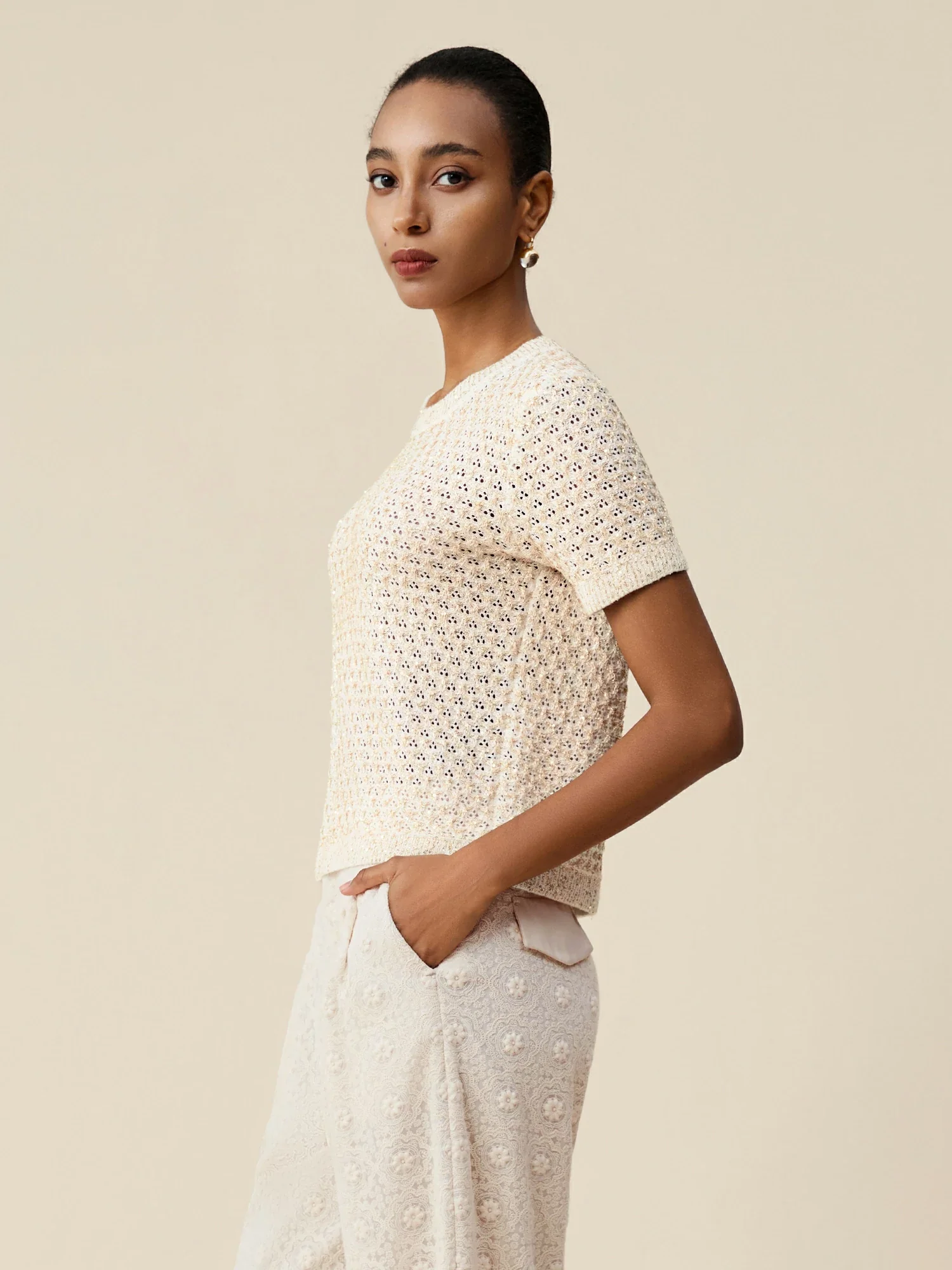 Mulberry Silk Openwork Sequin Knitted T-Shirt