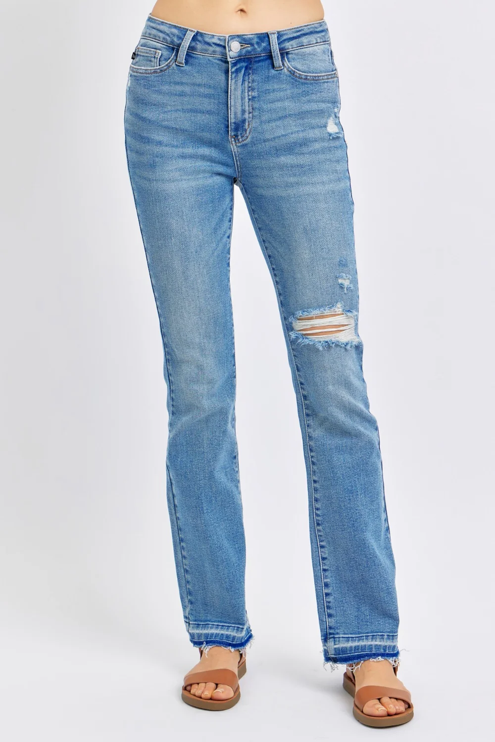 Blue Full Size Mid Rise Destroyed Hem Distressed Jeans