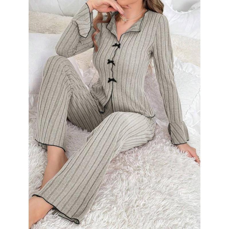 Women’s Ribbed Lounge Two-Piece Set – Long Sleeve V-Neck Top & Relaxed Pants