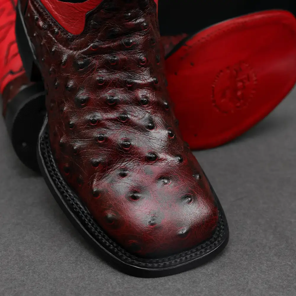 Black Cherry Ostrich Leather Boots - Square Toe