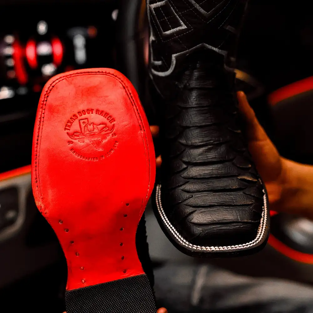 Matte Black Jumbo Python Leather Boots - Square Toe