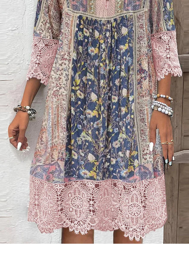 Women's Three Quarter Sleeve Spring/Fall Pink Floral Split Joint V Neck Daily Going Out Vintage Maxi A-Line T-Shirt Dress Dress