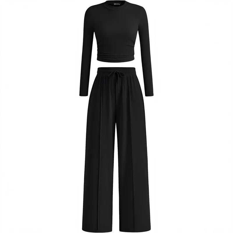 2-Piece Lounge Set – Ribbed Knit Long Sleeve Crop Top & Wide Leg Pants