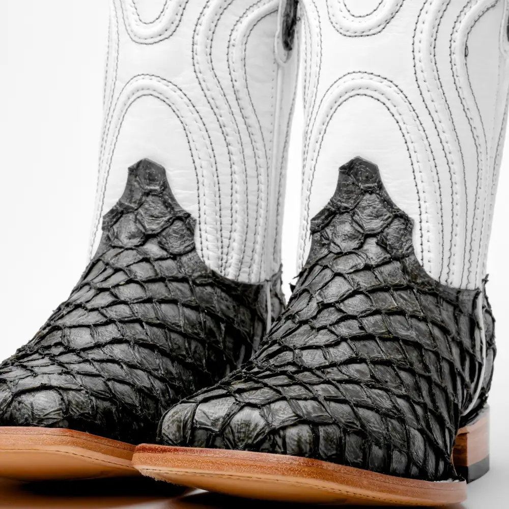 Grey Mini Pirarucu Leather Boots - Square Toe