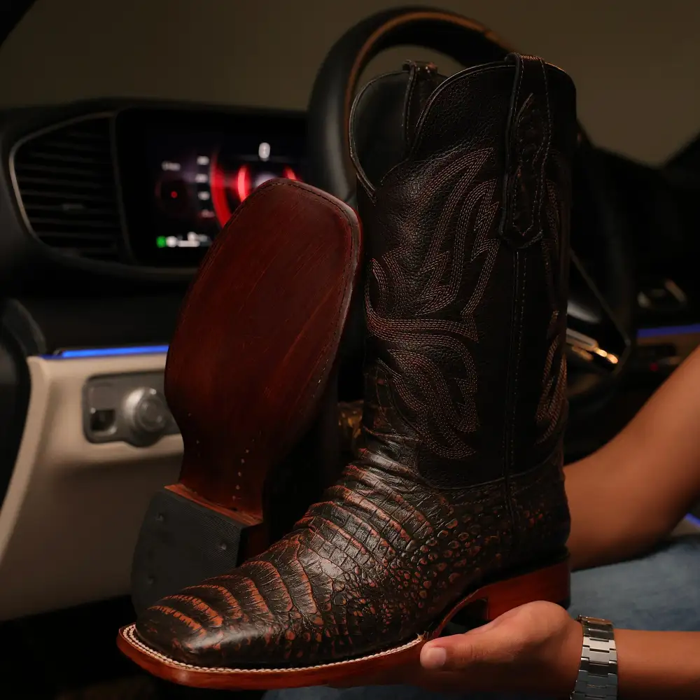 Copper Caiman Belly Leather Boots - Square Toe