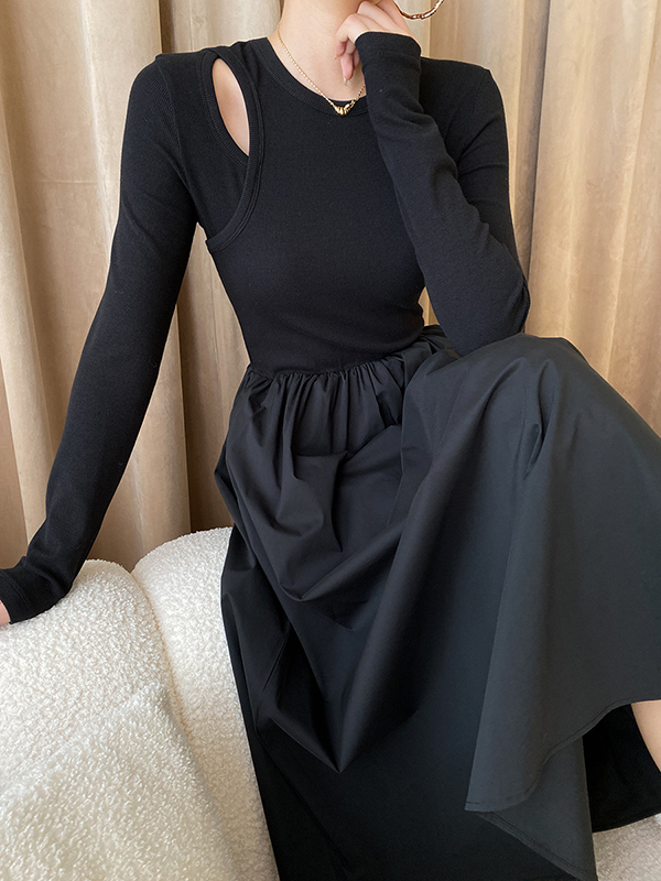 Elasticity Hollow Solid Color Split-Joint A-Line Long Sleeves Round-Neck Midi Dresses