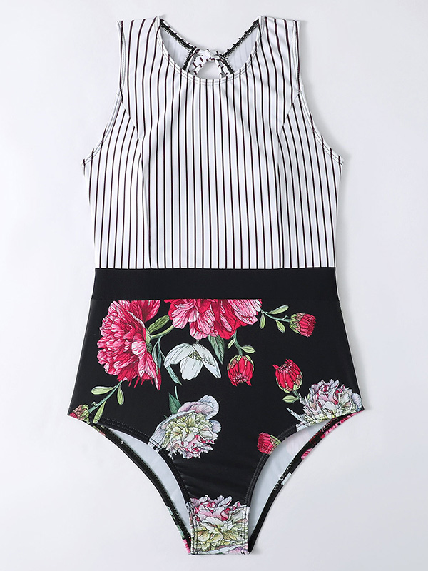 Striped+Floral Printed Split-Joint One-Piece Swimwear
