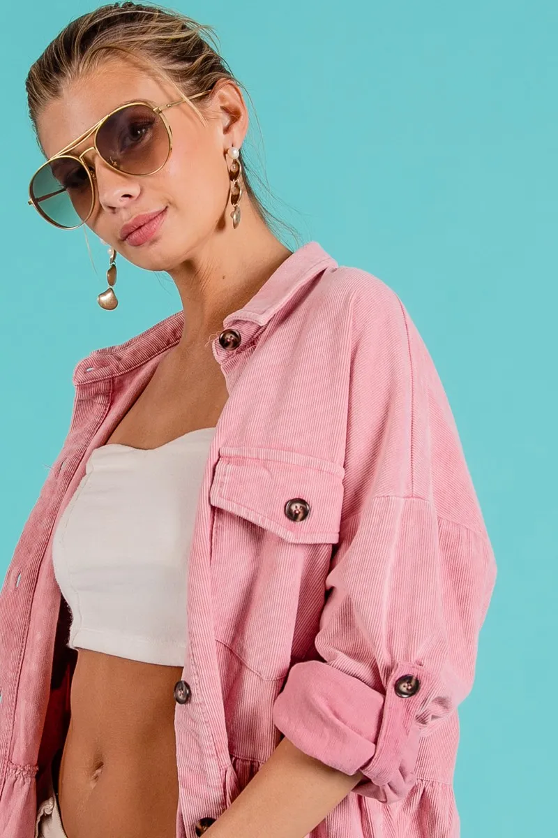 Corduroy Ruffle Peplum Button Up Shirt