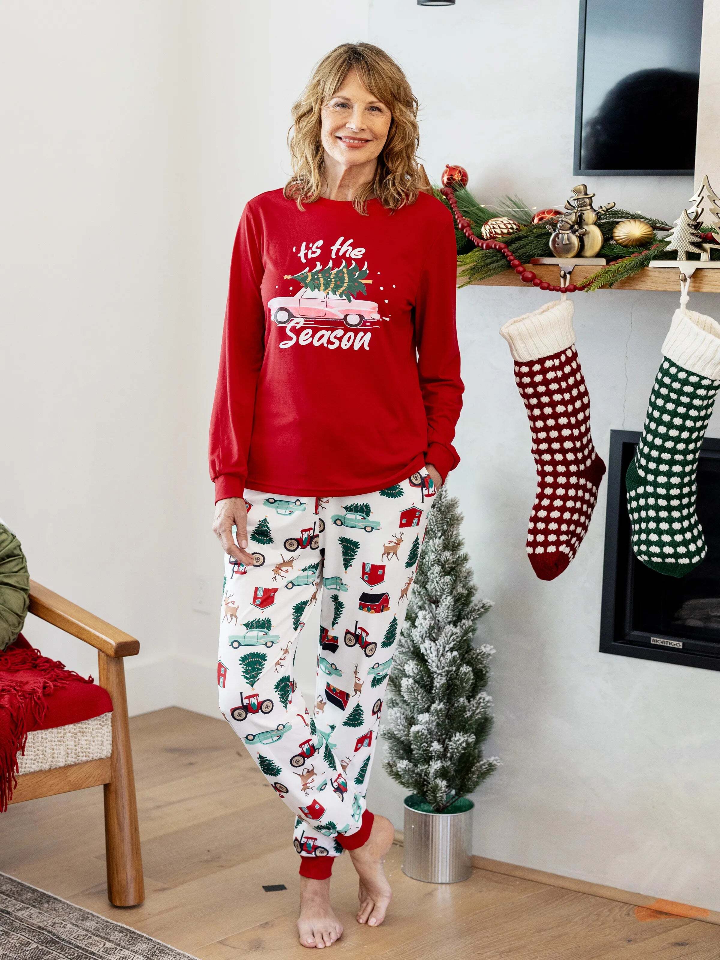 Christmas Matching Family Pajamas Set Reindeer and Car Print PJS with Christmas Socks Red