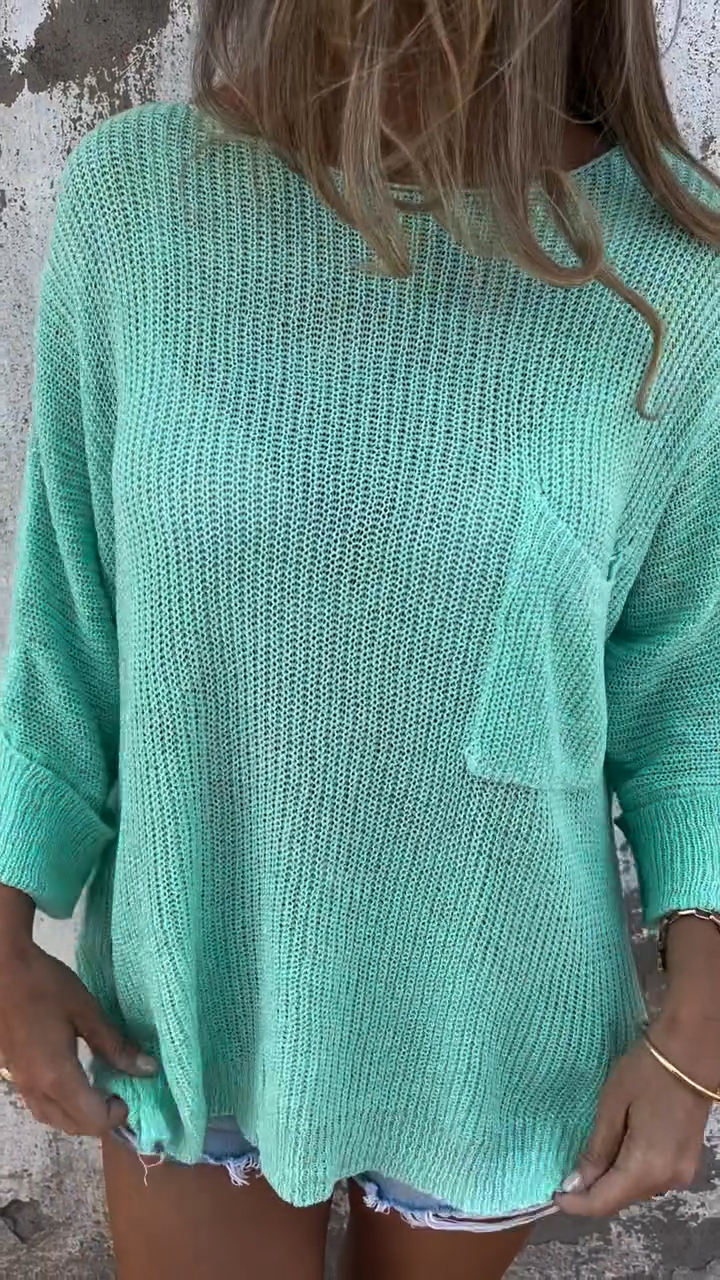 Solid Color Knit Pocket Crewneck Sweater