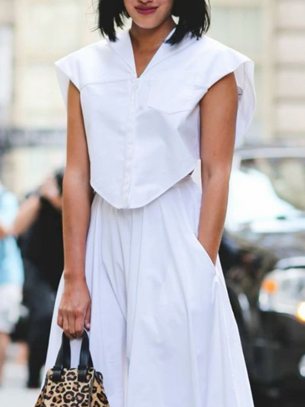 Cap Sleeve Loose Buttoned Solid Color Lapel Blouse Tops&Wide Legs Pants Bottoms Two Pieces Set