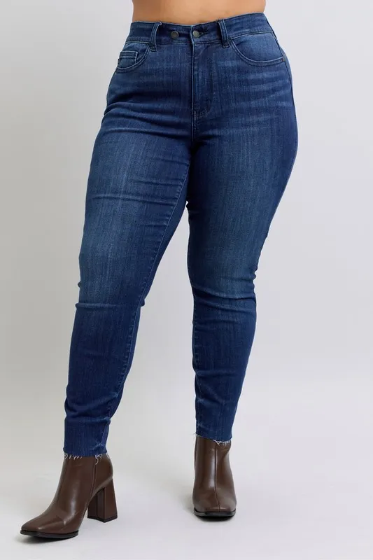 Blue Full Size Mid Rise Skinny Jeans with Raw Hem Plus Size