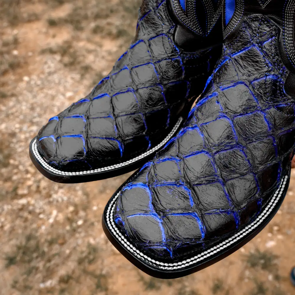 Black/Blue Pirarucu Leather Boots - Square Toe