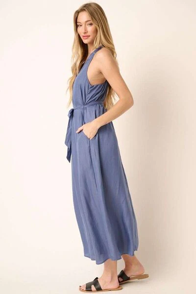 Cross Back Belted V Neck Tank Maxi Dress