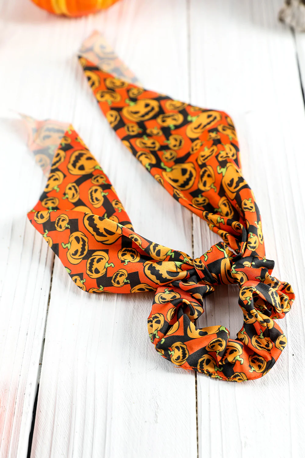 Orange Halloween Pumpkin Face Printed Satin Scrunch Hair Tie