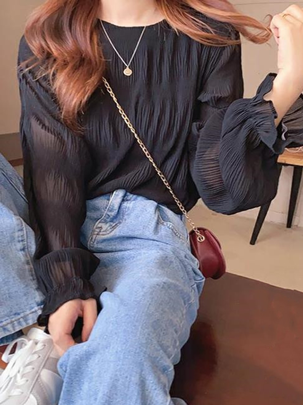 Pleated Solid Color Flared Sleeves Loose Round-Neck T-Shirts