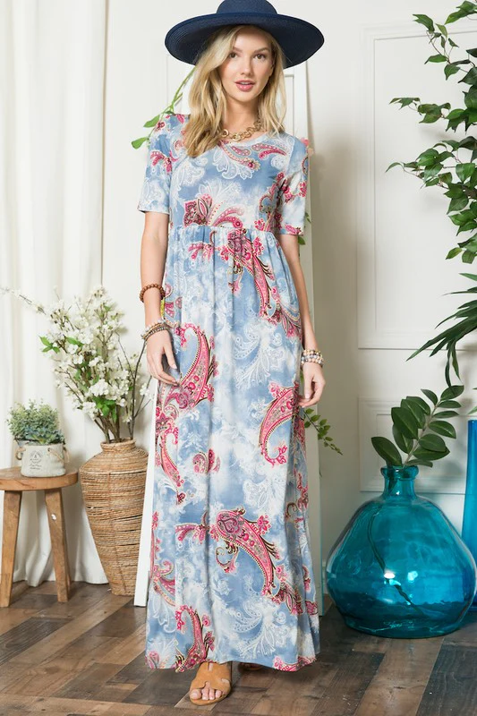 Celeste Full Size Paisley Print Short Sleeve Maxi Dress with Pockets Plus Size