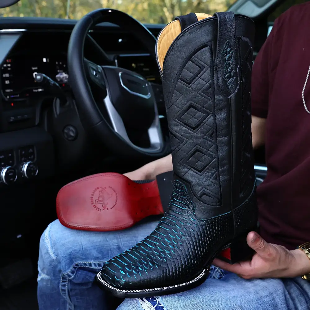 Black & Aqua Python Leather Boots - Square Toe