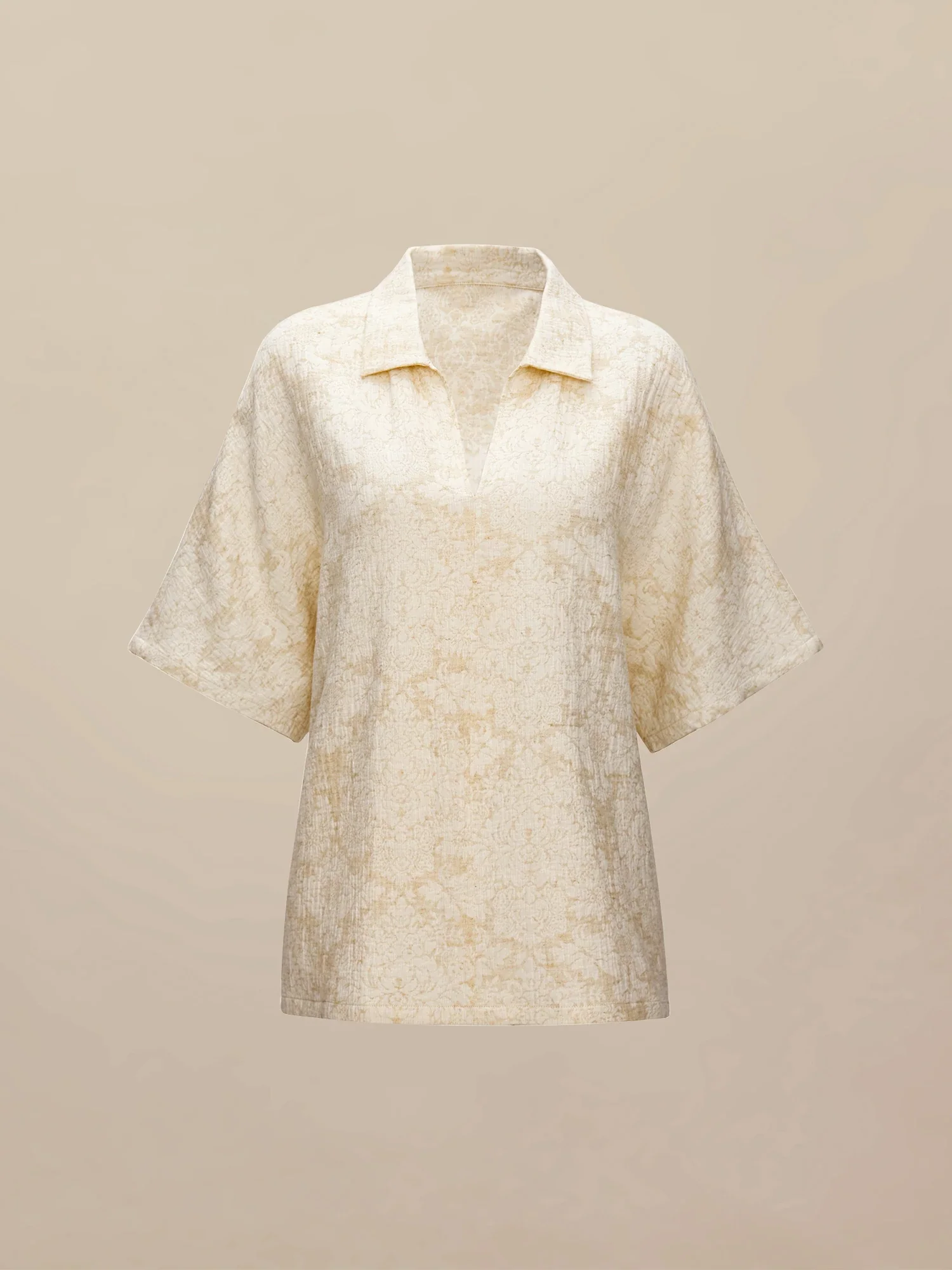 Cotton & Linen Lapel Short Sleeve Jacquard Top