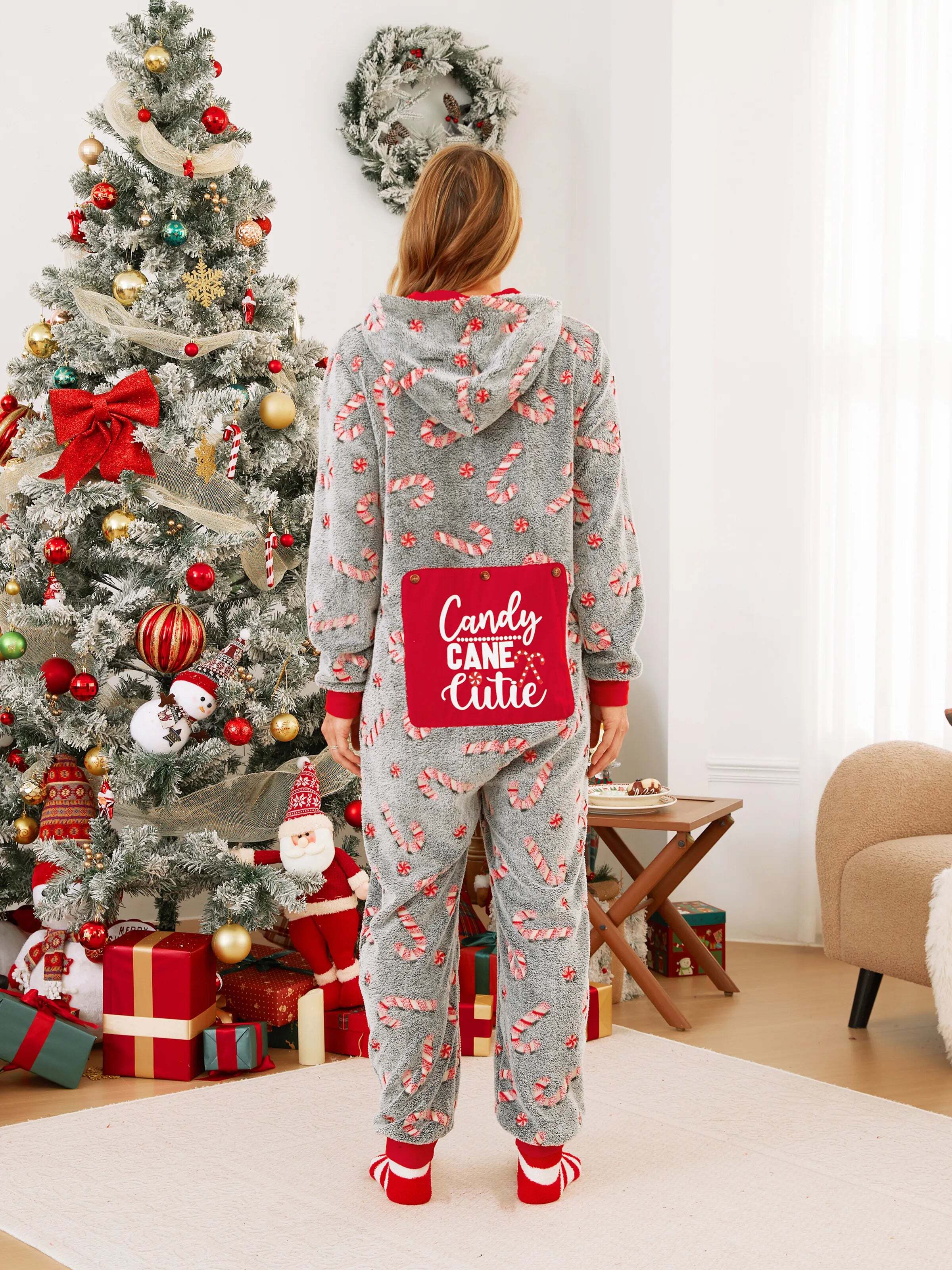 Onesies Pajamas Matching Christmas Outfits Candy Cane Pattern (Glow in the Dark) with Christmas Socks Black