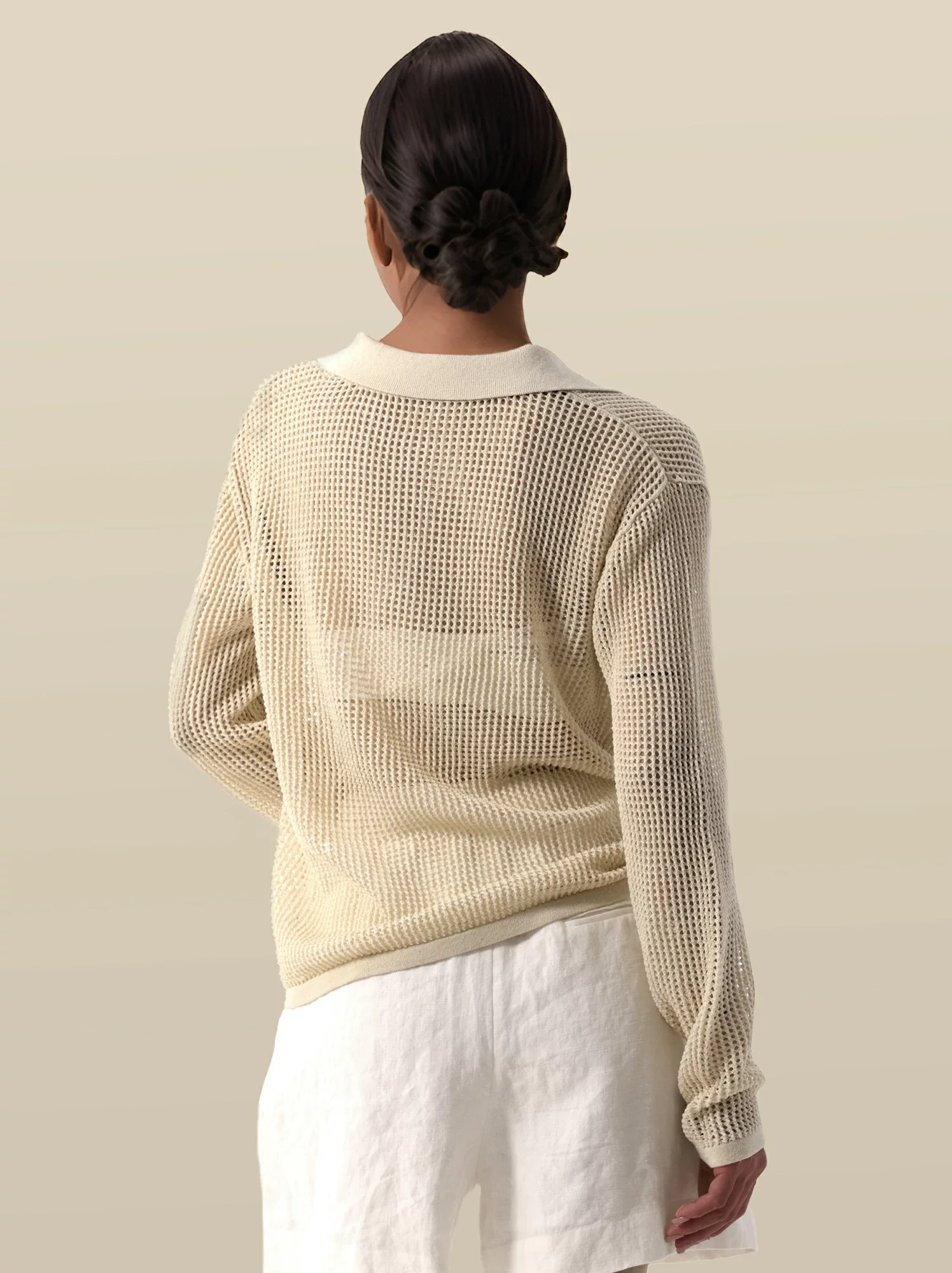 Lyocell & Linen Polo Neck Long Sleeve Cut-out Top