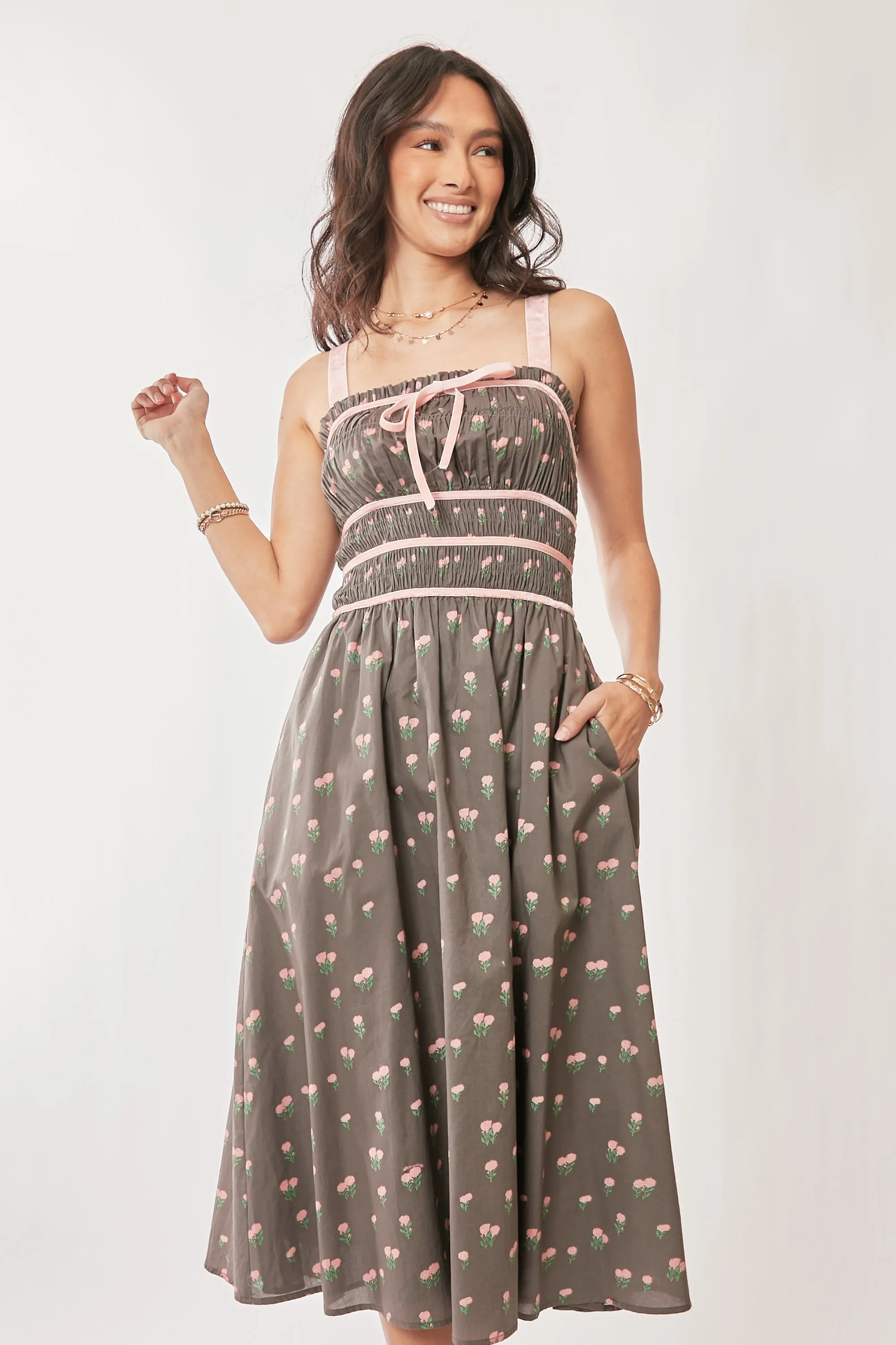 Contrast Velvet Tape Smocking Bodice Midi Dress