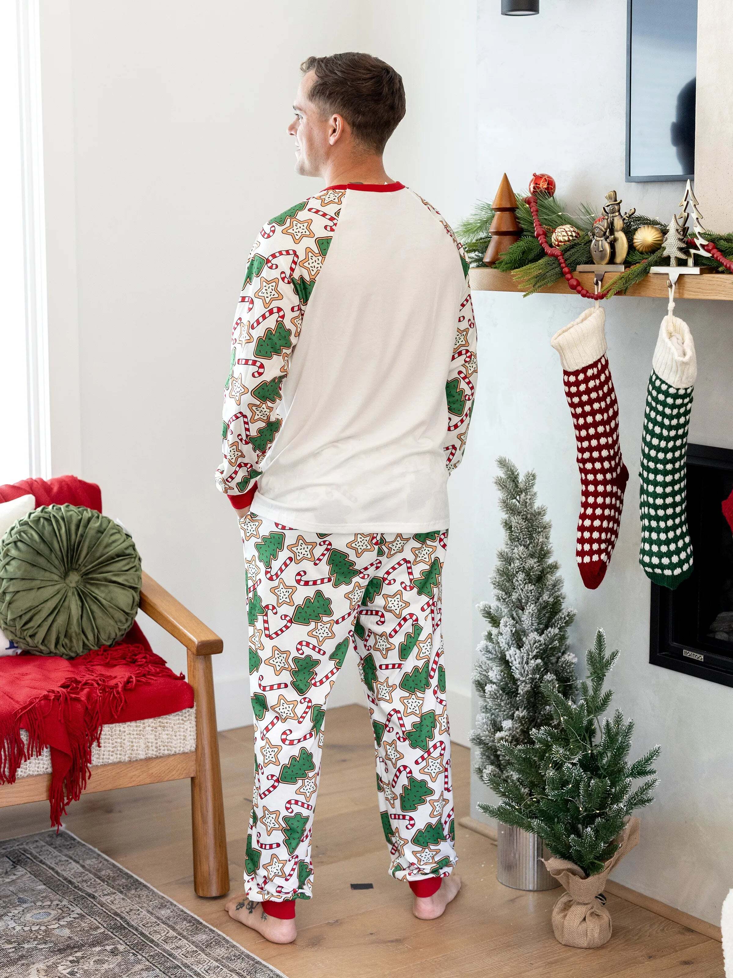 Christmas Matching Family Pajamas Set Christmas Tree Print Red and Apricot PJS with Christmas Socks Apricot