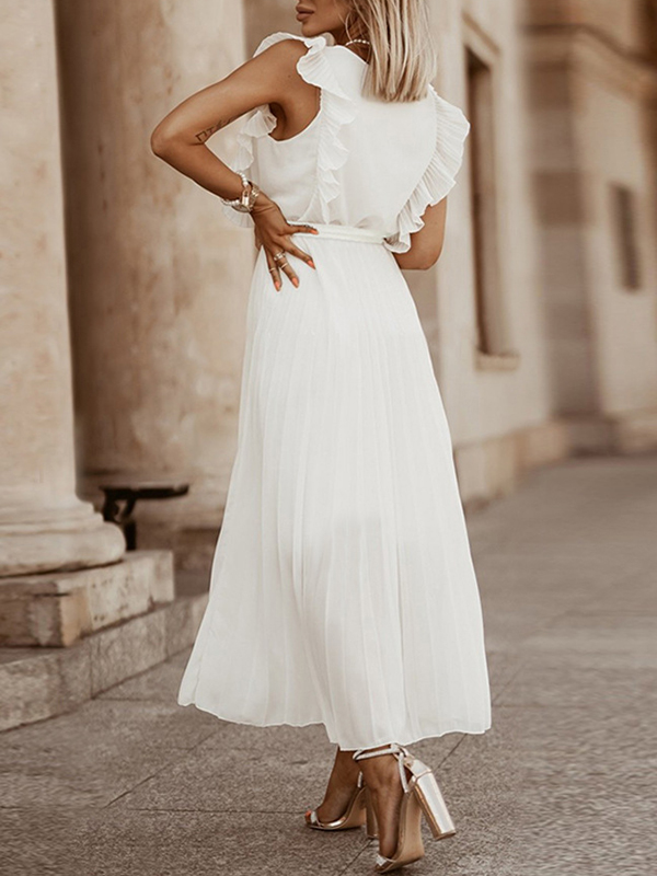 Floral Pleated Solid Color Split-Joint Tied Waist Loose Sleeveless V-Neck Maxi Dresses