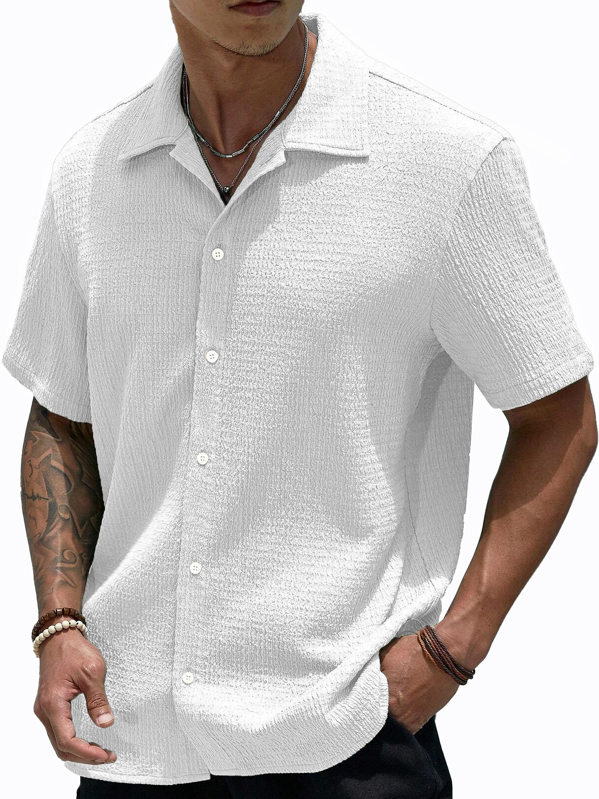 Stylish Men's Pleated Casual Lapel Short Sleeve Shirt