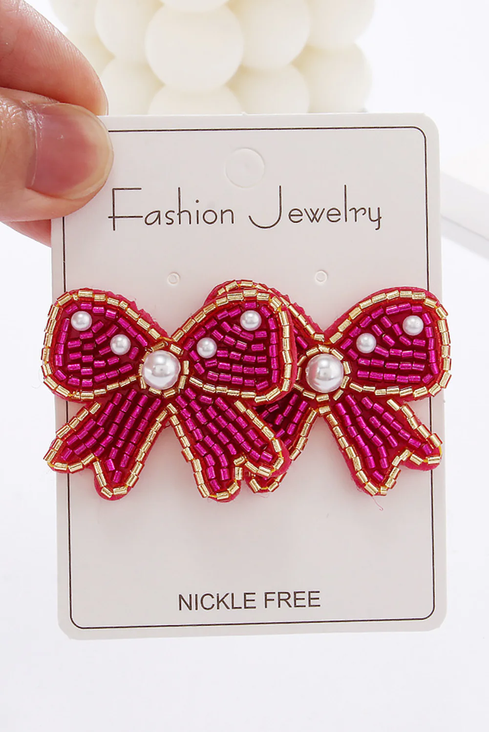 Rose Red Pearl Rice Bead Bow Knot Shape Stud Earrings