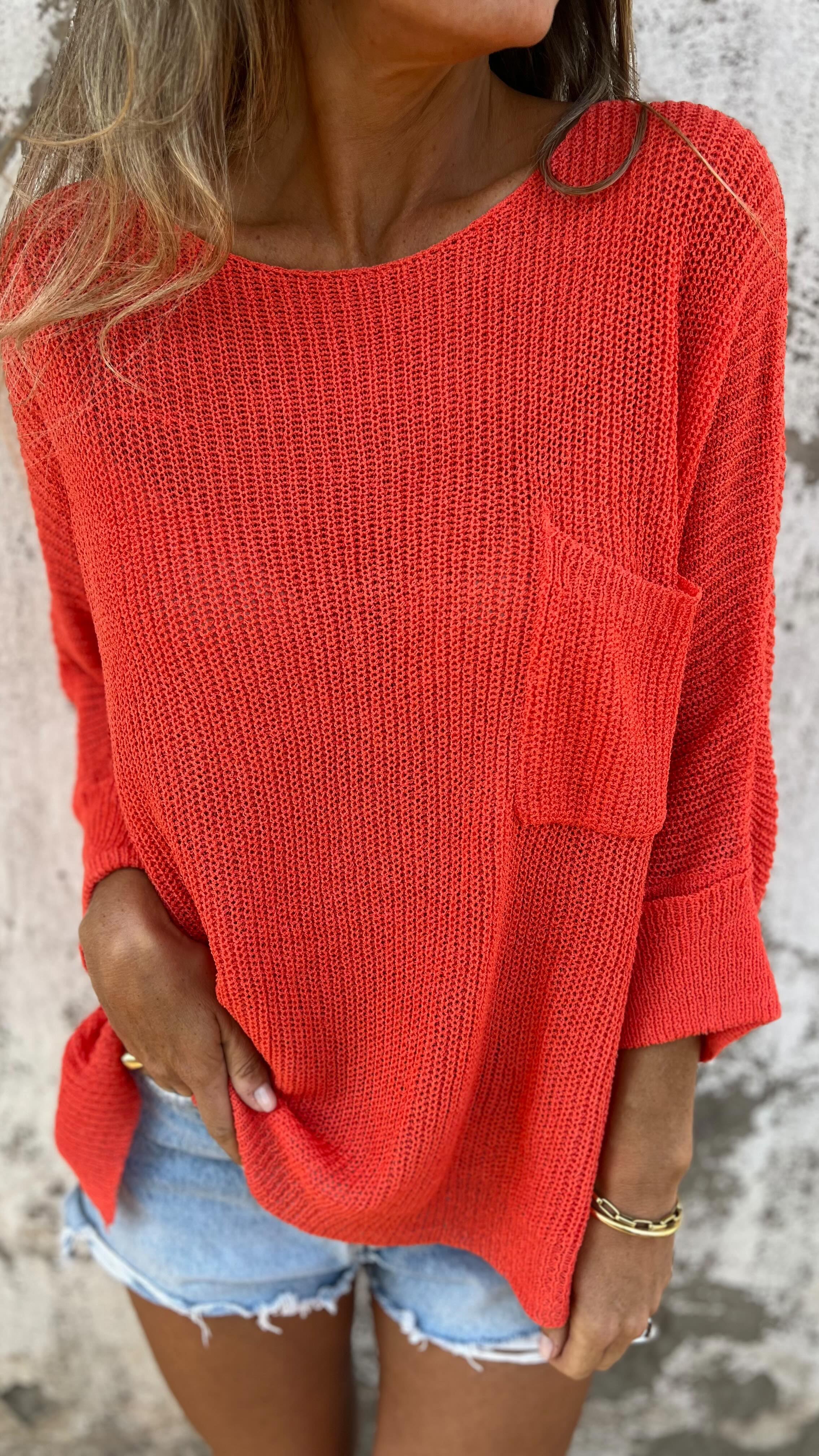 Solid Color Knit Pocket Crewneck Sweater