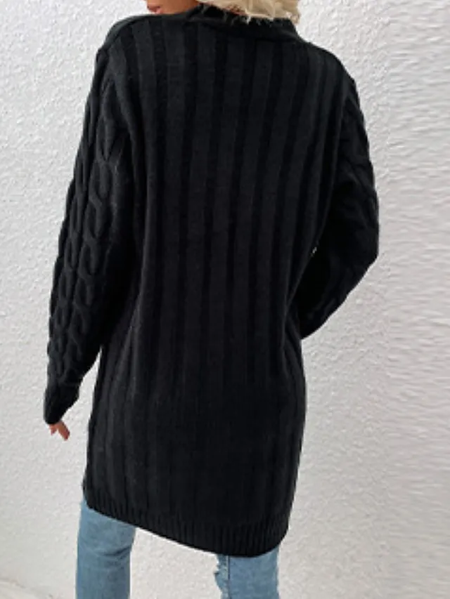 Women's Cardigan Sweater Cowl Cable Knit Faux Fur Button Pocket Summer Fall Long Daily Holiday Going out Stylish Casual Soft Long Sleeve Solid Color Black Yellow Light Green S M L