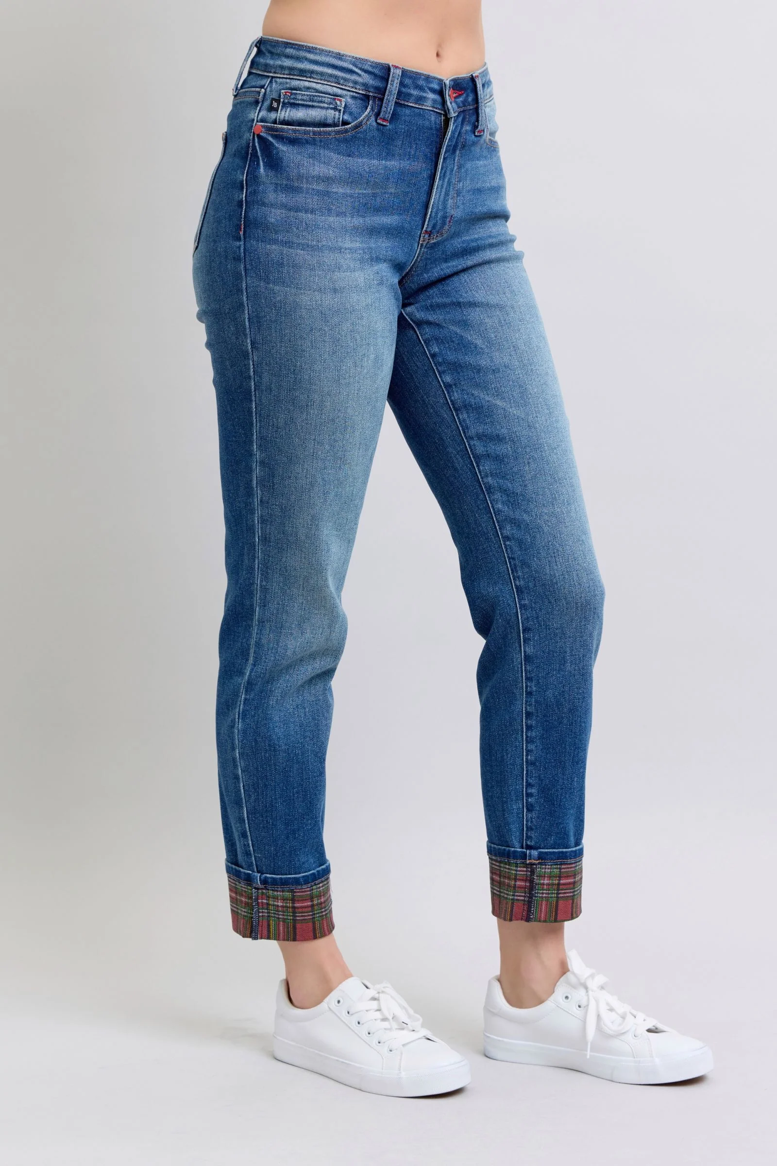 Blue Full Size Plaid Print Cuff Straight Leg Jeans with Pockets