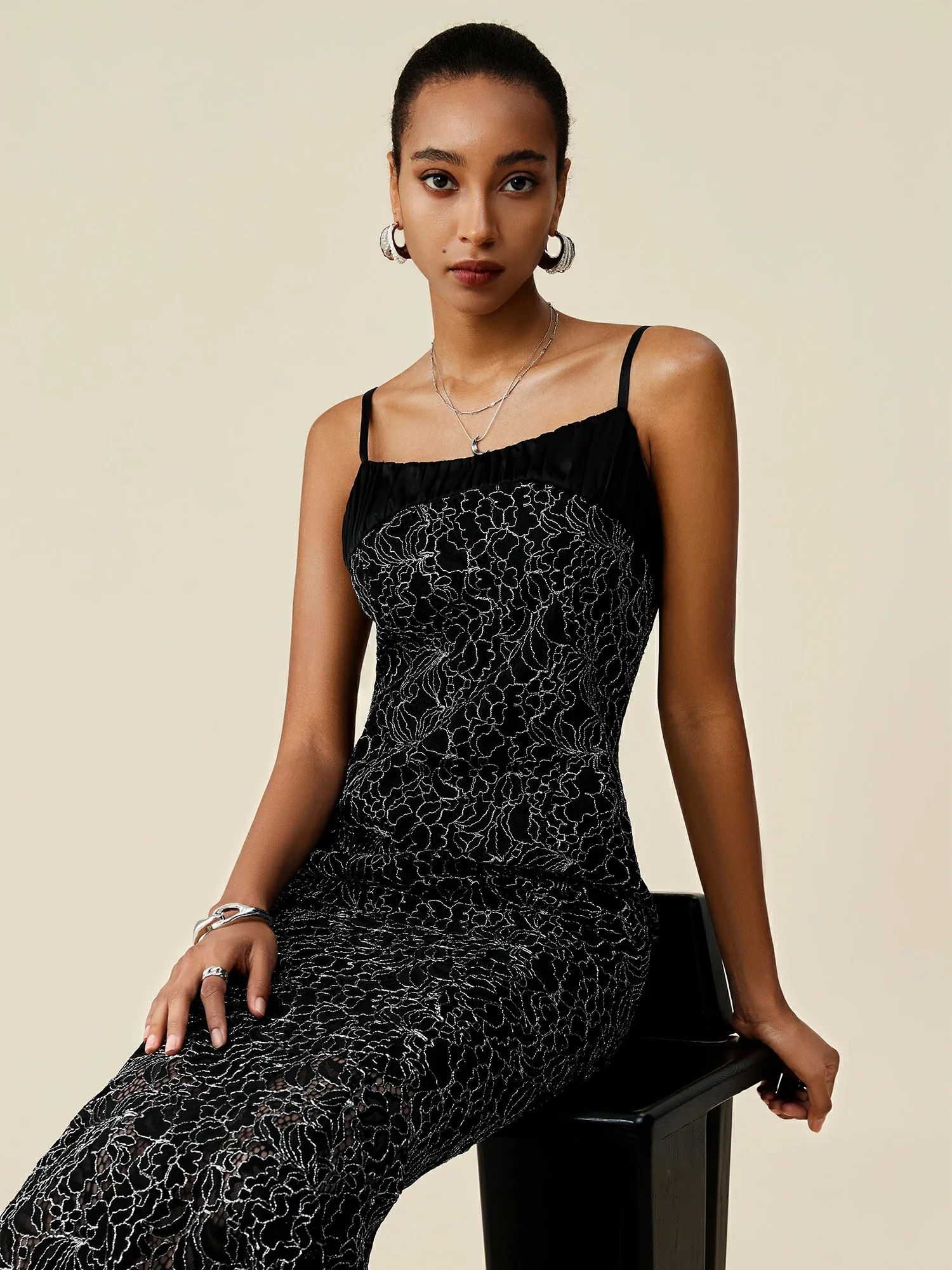 Silver Metallic Lace Cami Fishtail Dress