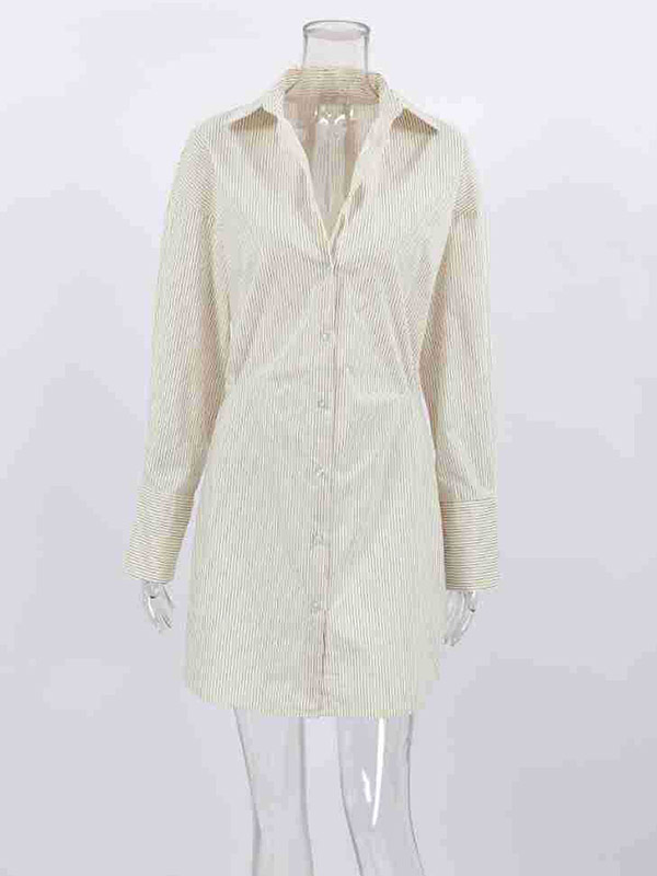 Buttoned Striped Flared Sleeves Long Sleeves Lapel Shirt Dress Mini Dresses
