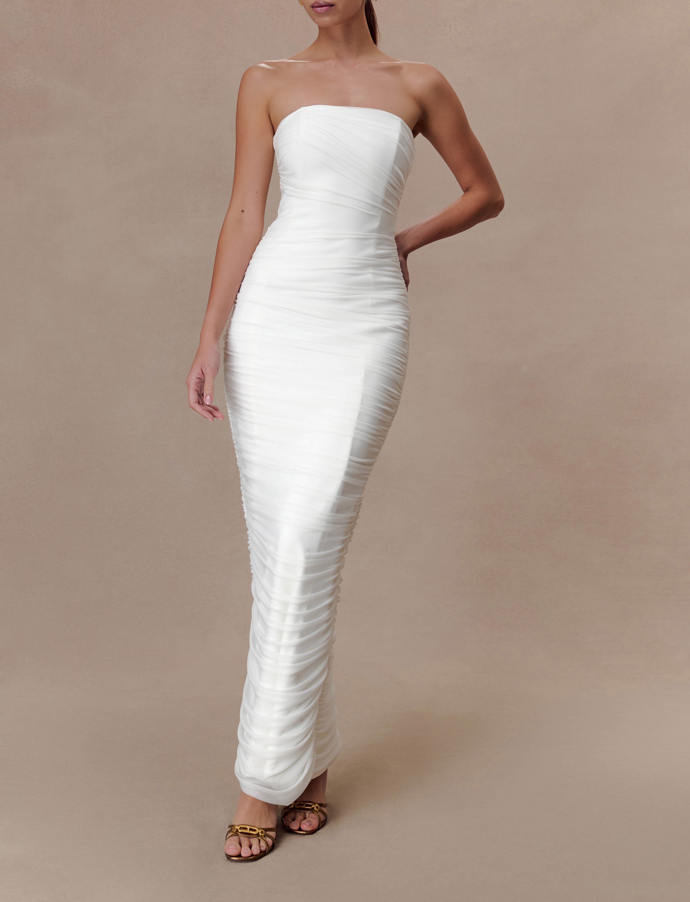 Ivory Strapless Mesh Maxi Dress