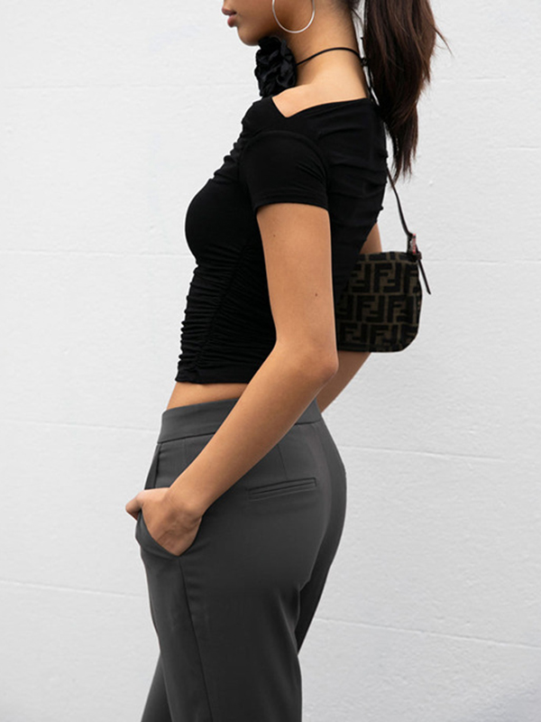 Pleated Solid Color Split-Joint Short Sleeves Skinny Boat Neck T-shirts